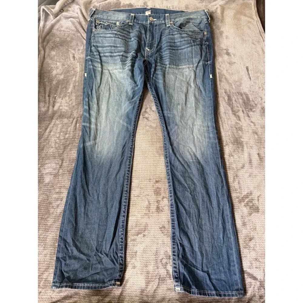 True Religion Ricky Relaxed Straight Leg Jeans Men 42X34 Blue Denim Flap Pockets